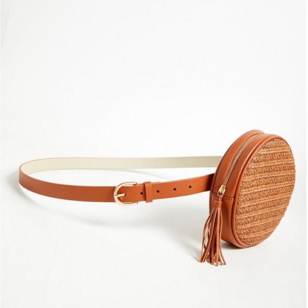 Cognac Faux Leather & Straw Round Belt Bag
